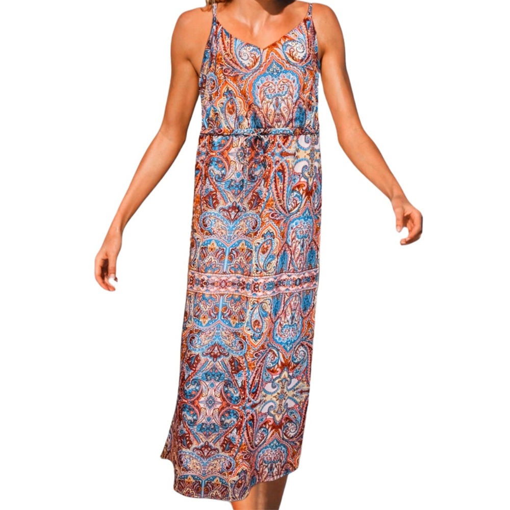 Junarose Tropical Paisley Print Blue Cream Floral Spaghetti Strap Sundress Sz 16
